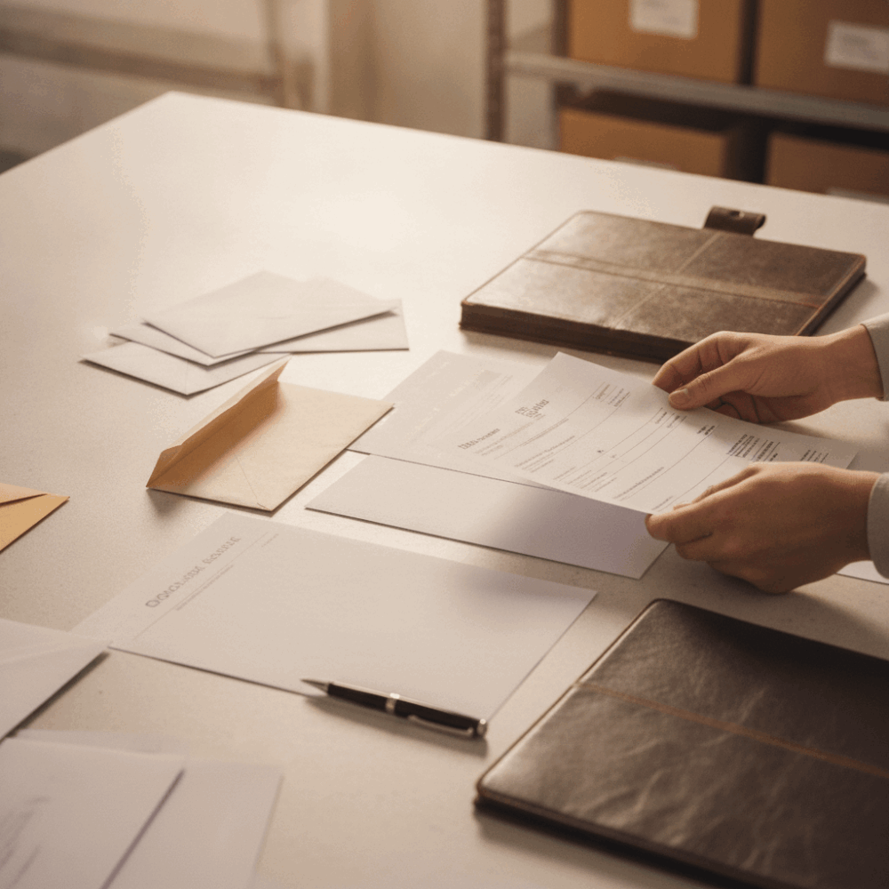 Mains triant des documents de commande papier lors de la cartographie des flux entrants dans un service ADV