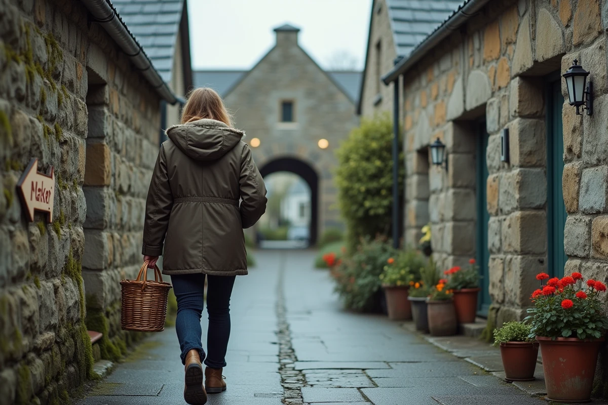 Piéton se dirigeant vers le marché de Plouguerneau en suivant les panneaux dans une ruelle en granit breton