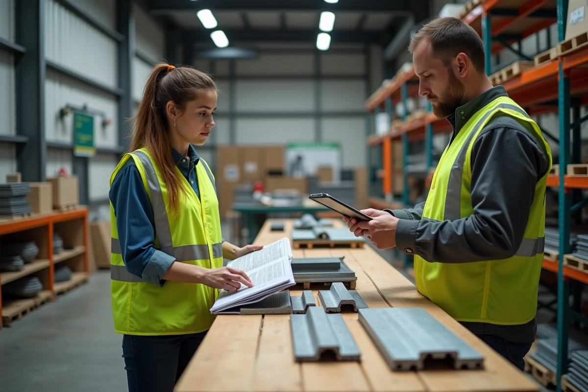 Cliente en gilet jaune consultant un catalogue de profilés en U en acier au comptoir d'un distributeur spécialisé