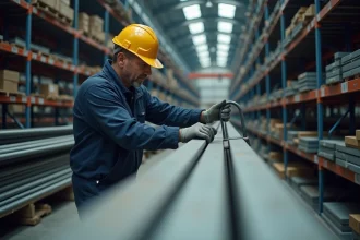 Fournisseur tenant un profilé en U en acier dans un entrepôt industriel avec des barres métalliques organisées en rayonnage