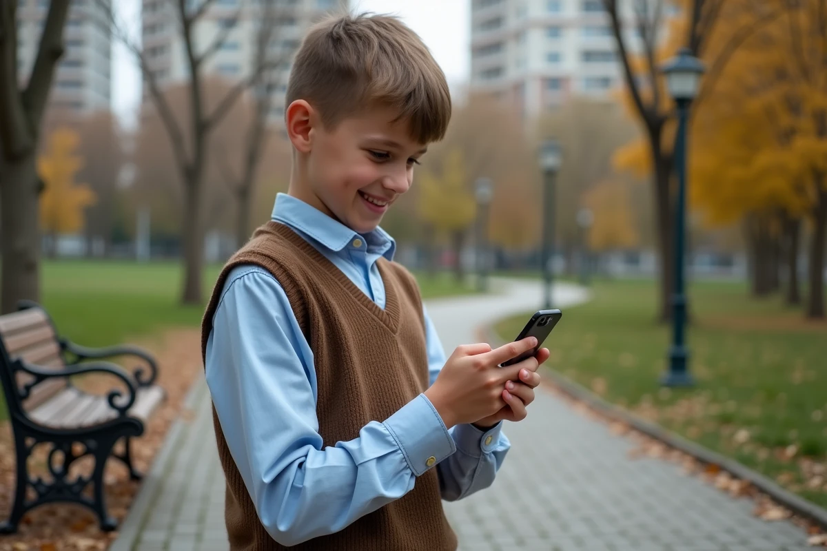 Adolescent dans un parc regardant son smartphone avec sourire
