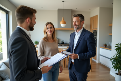 Agent immobilier en costume avec couple dans salon lumineux