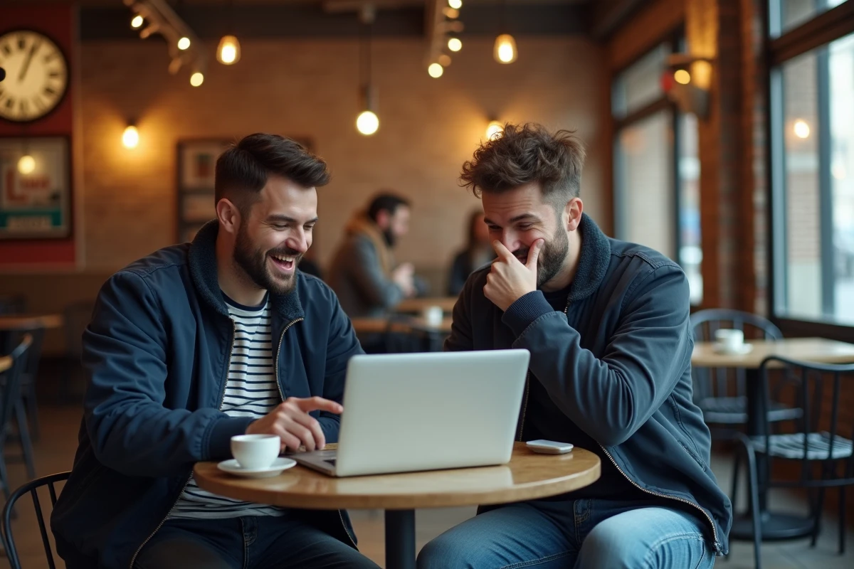 Deux amis dans un café riant en redécouvrant de vieux fils de discussion du forum JVC 18-25