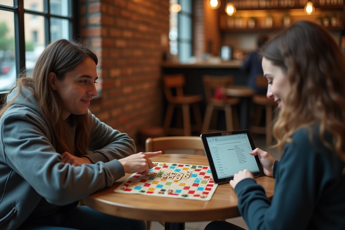 Deux amis dans un café vérifiant un mot contesté lors d'une partie de Scrabble avec une tablette numérique
