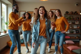 Groupe d'amis dansant dans un salon coloré et dynamique