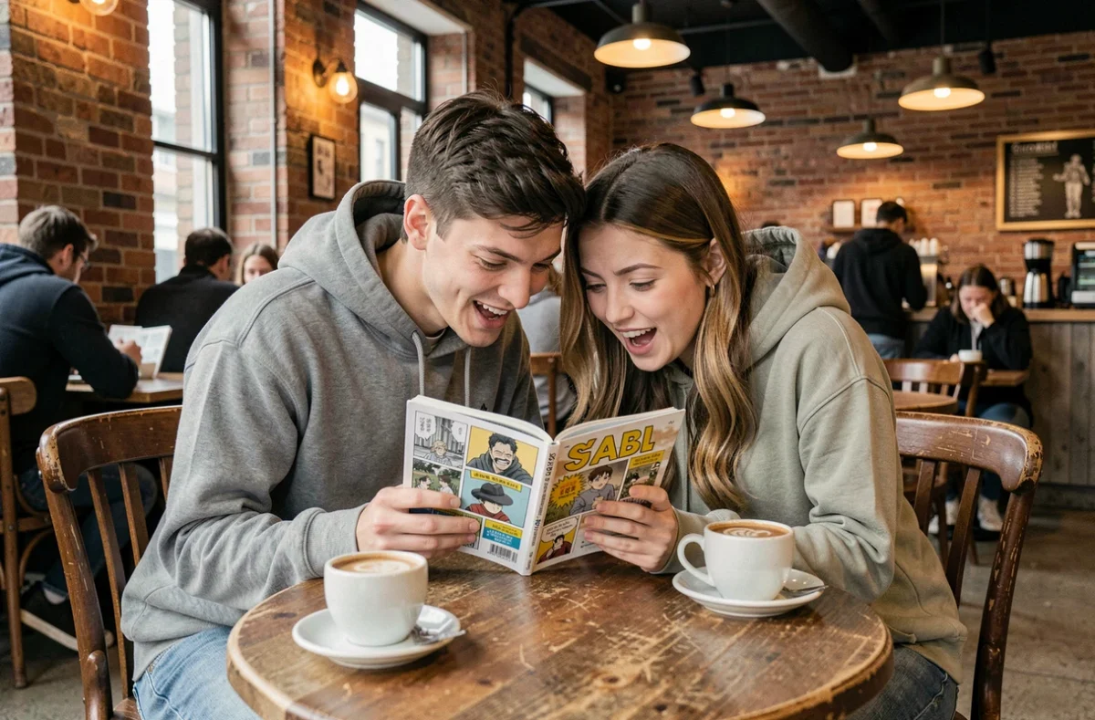 Deux amis fans de One Piece lisant ensemble un scan manga sur smartphone dans un café urbain