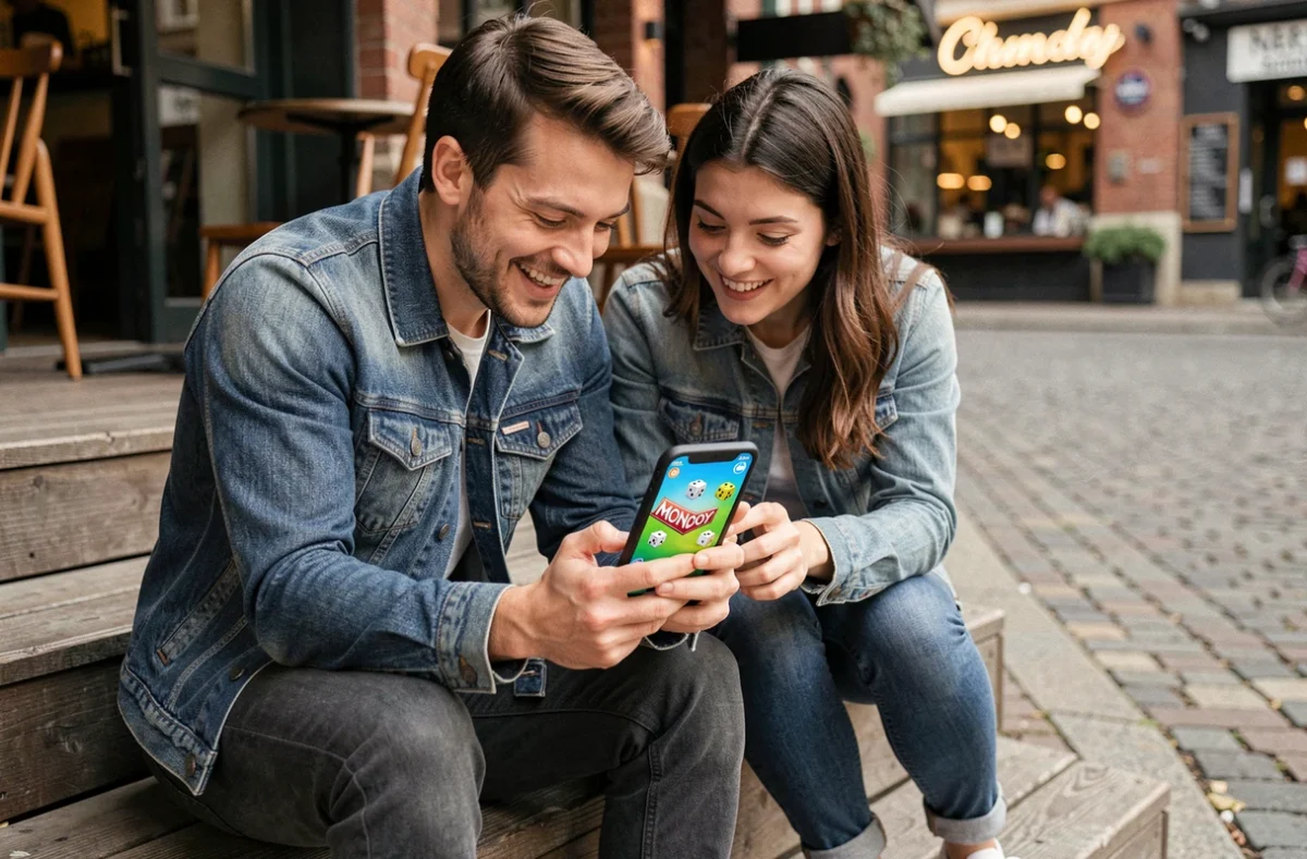 Deux amis découvrant ensemble des liens de dés gratuits Monopoly Go sur smartphone en terrasse