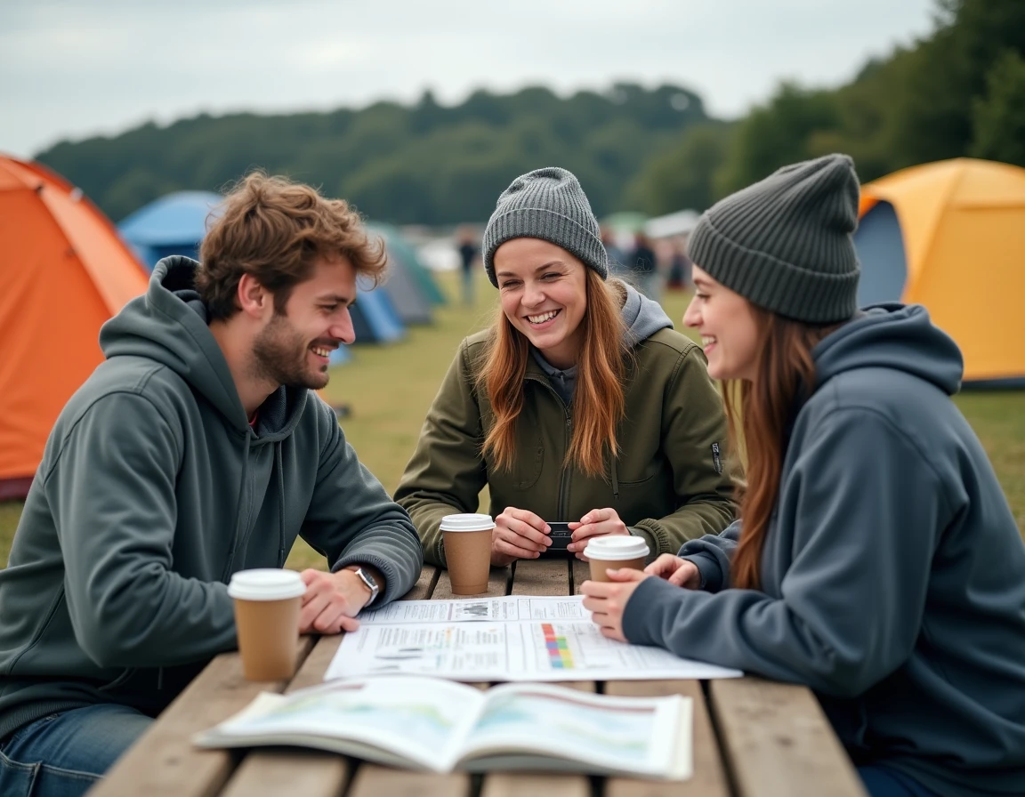 Groupe d'amis planifiant leurs réservations pour le festival des Vieilles Charrues autour d'une table de camping