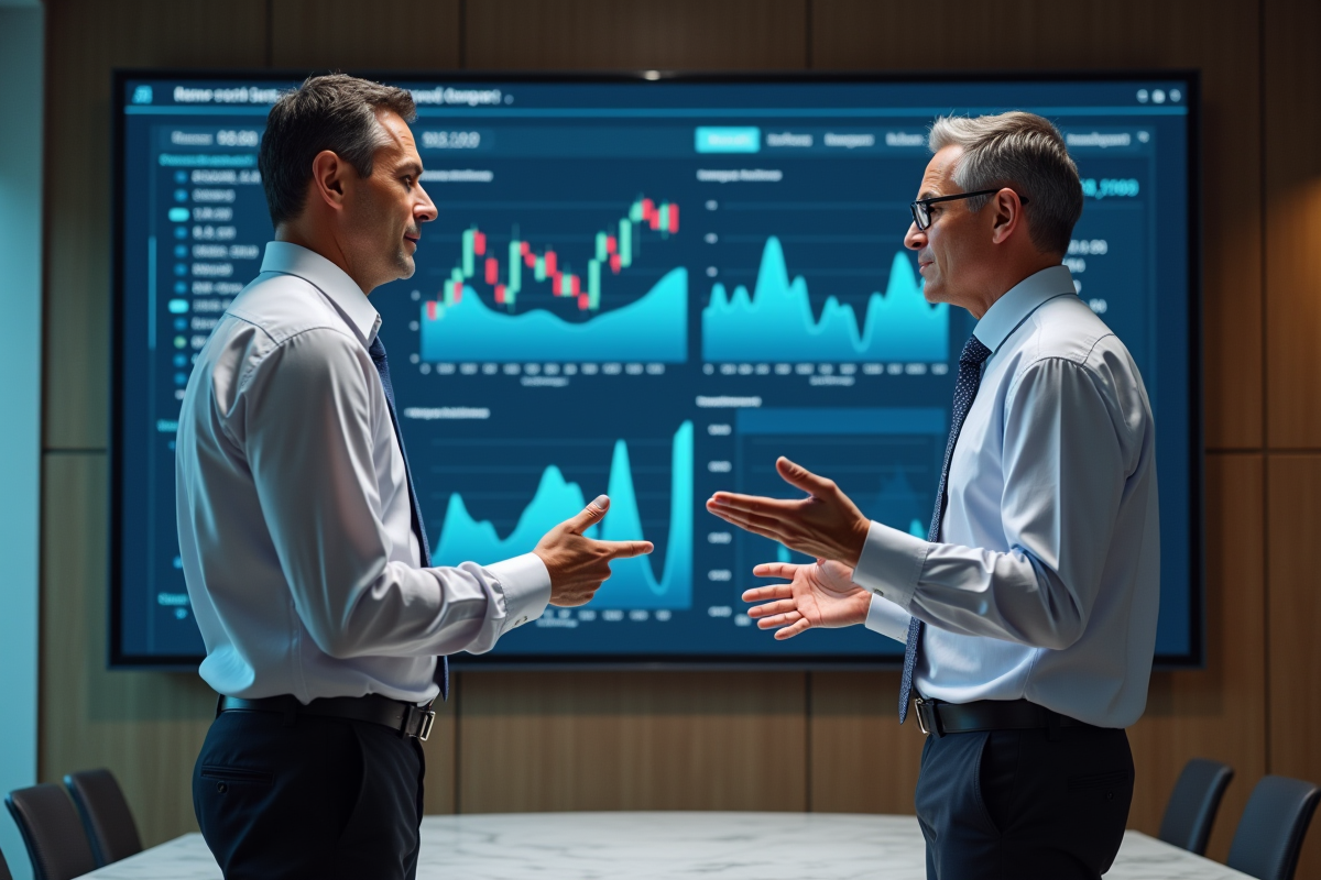 Deux analystes financiers devant un écran de graphiques et données