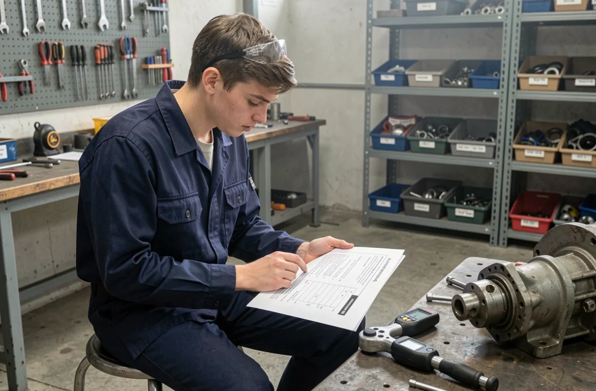 Apprenti technicien comparant des fiches d'exercices de conversion MDAN en Nm avec un outil de mesure de couple dans un atelier de formation professionnelle