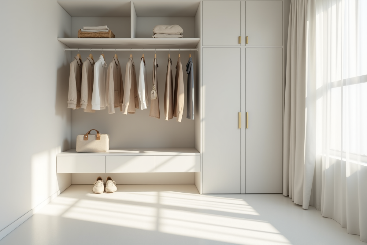 Armoire minimaliste avec vêtements neutres dans une pièce lumineuse