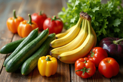 Vitrine colorée de fruits et légumes en forme de U sur une table en bois
