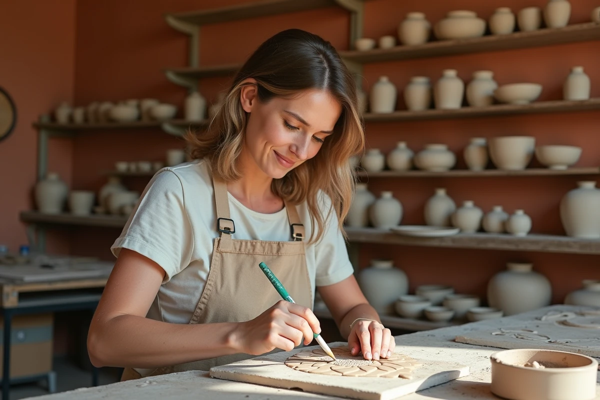 Artisane peignant à la main un carreau de faïence provençale dans son atelier de céramique en France