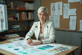 Artiste professionnelle de character design travaillant sur des croquis inspirés d'un personnage anime à coiffure blanche et vêtements structurés blancs avec découpes géométriques