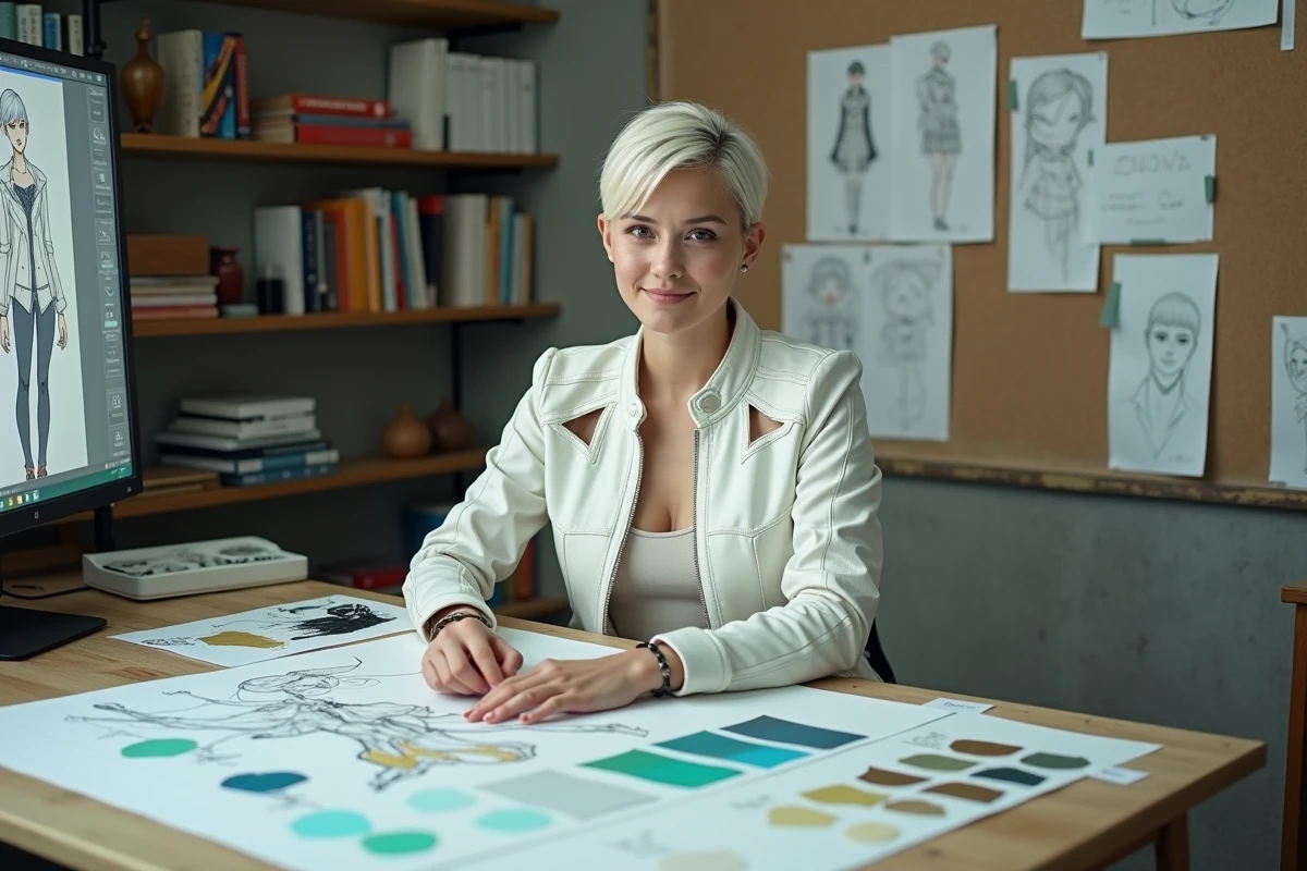 Artiste professionnelle de character design travaillant sur des croquis inspirés d'un personnage anime à coiffure blanche et vêtements structurés blancs avec découpes géométriques