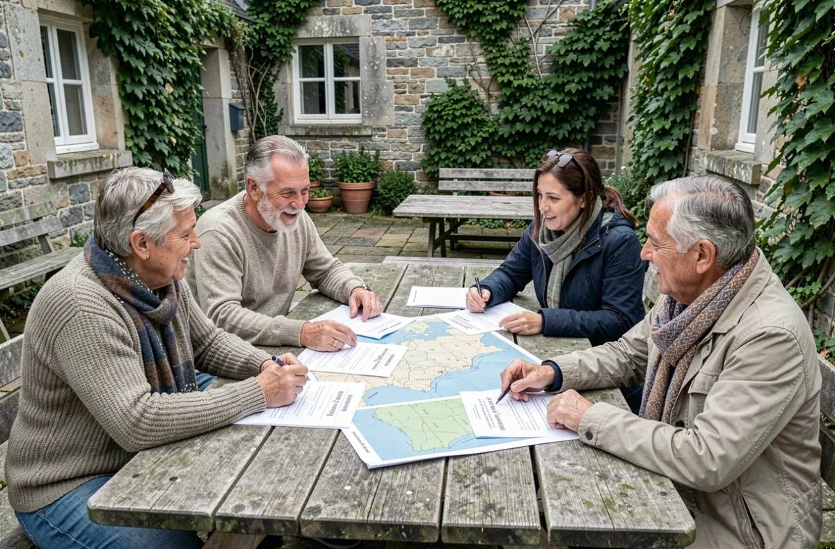Groupe d'adultes participant à un atelier culturel breton en plein air, discutant des origines et de l'évolution des expressions traditionnelles bretonnes