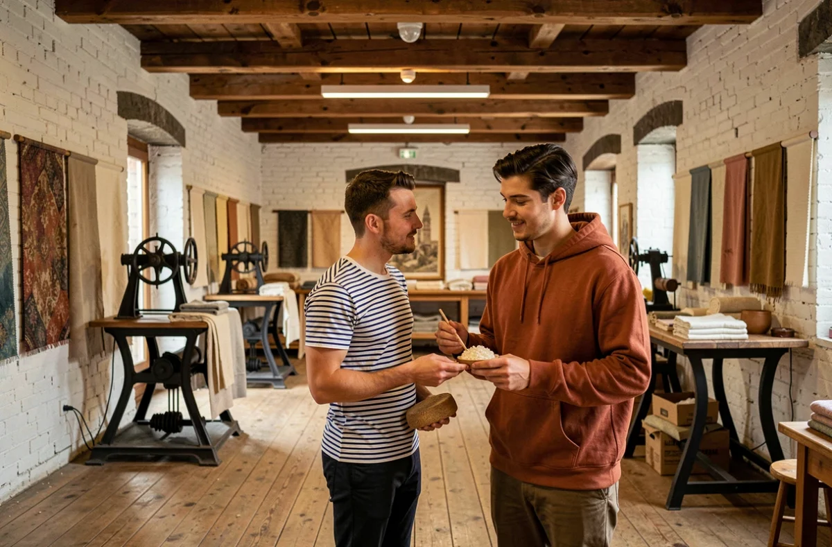 Deux amis explorant un atelier de soierie reconverti du quartier Croix-Rousse à Lyon lors d'un week-end découverte de lieux insolites
