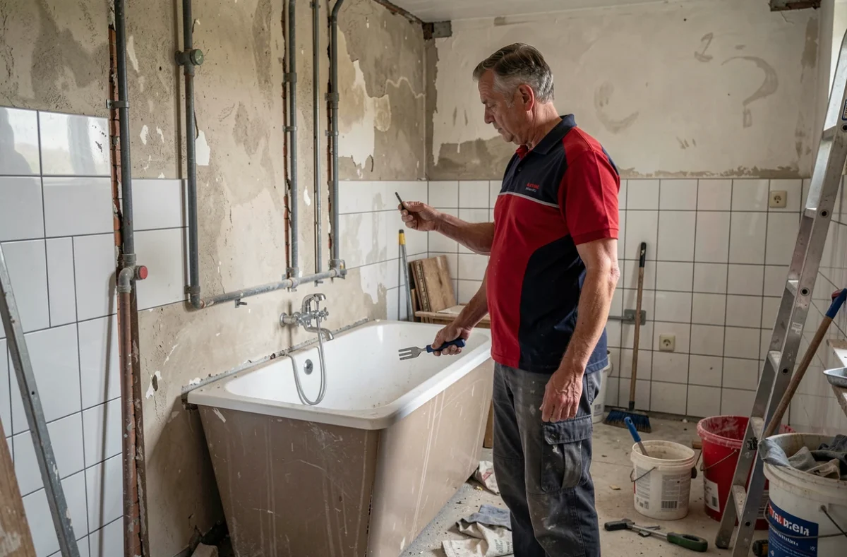 Un artisan plombier de Bartellemy-Robinet SARL supervise une rénovation de salle de bain en cours dans la Meuse