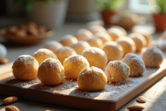 Boules de marzipan faites maison sur planche en bois