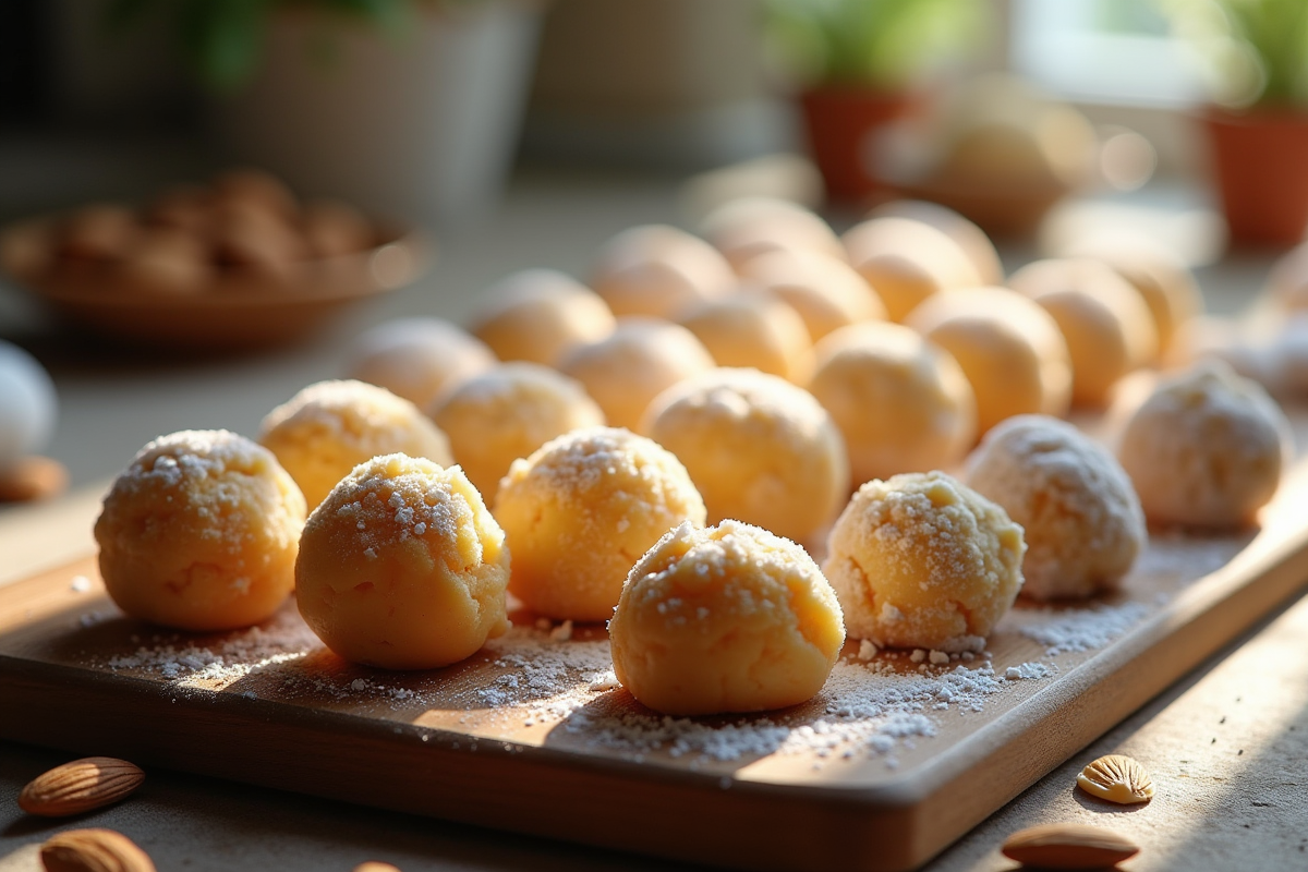 Boules de marzipan faites maison sur planche en bois