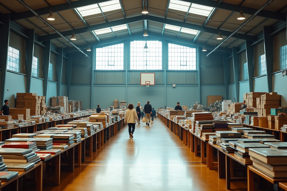 Vue d'ensemble d'une braderie intérieure dans un gymnase municipal du Nord-59 avec rangées d'étals et familles de visiteurs