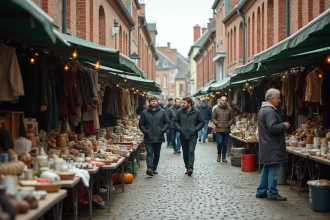 Braderie de rue animée dans une ville du Nord avec des étals de vêtements d'occasion et de bibelots vintage sur pavés