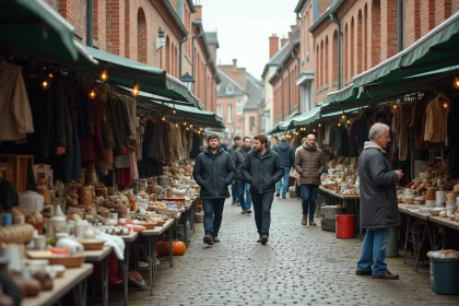 Braderie de rue animée dans une ville du Nord avec des étals de vêtements d'occasion et de bibelots vintage sur pavés