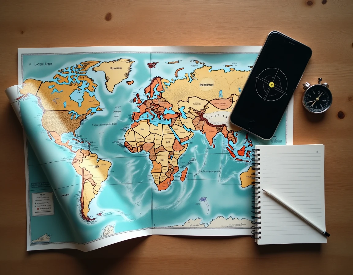 Vue aérienne d'un bureau avec carte, smartphone GPS, boussole et coordonnées manuscrites illustrant la géolocalisation