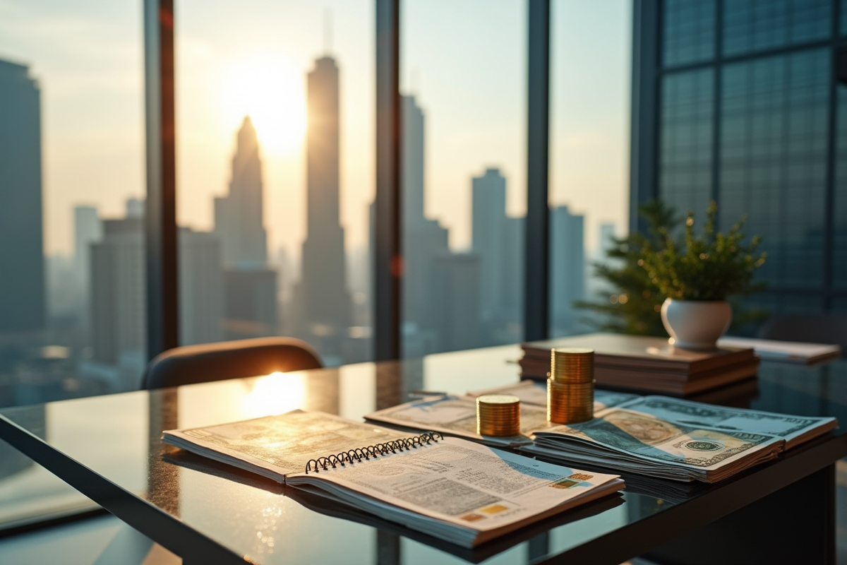 Bureau en hauteur avec devises et documents financiers