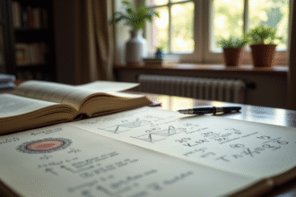 Bureau d'un mathématicien avec équations manuscrites et formes géométriques