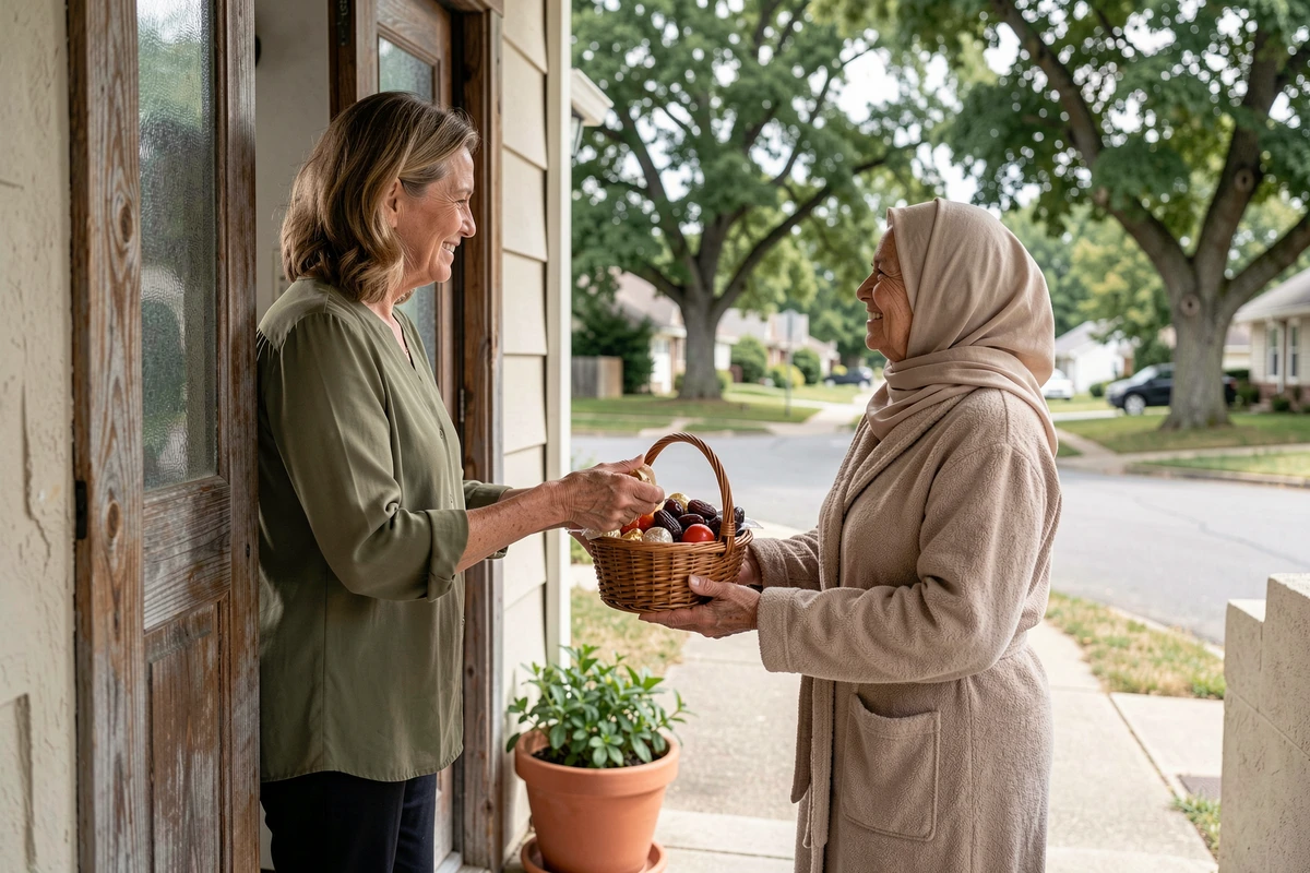 Une femme apporte un panier de dattes en cadeau de Ramadan à une voisine âgée sur le pas de sa porte