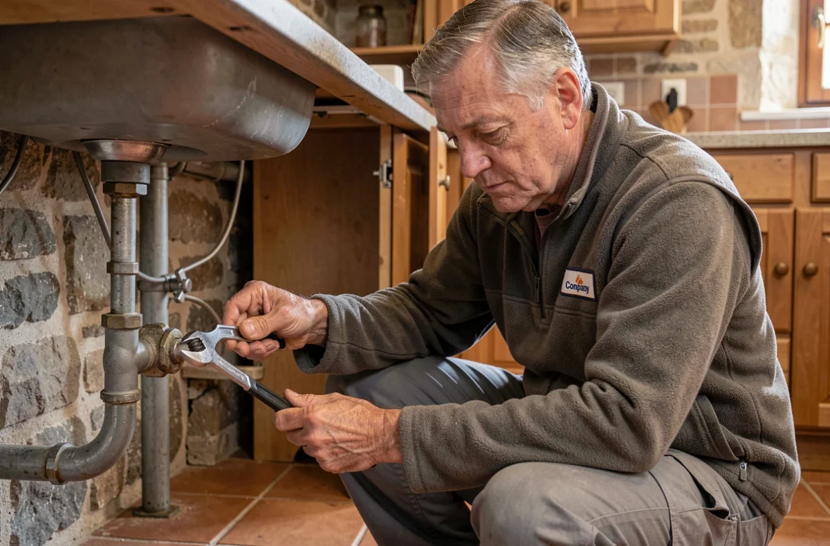 Le plombier Carbonnier Laurent intervient sous un évier de cuisine dans une ferme en pierre typique de la Meuse