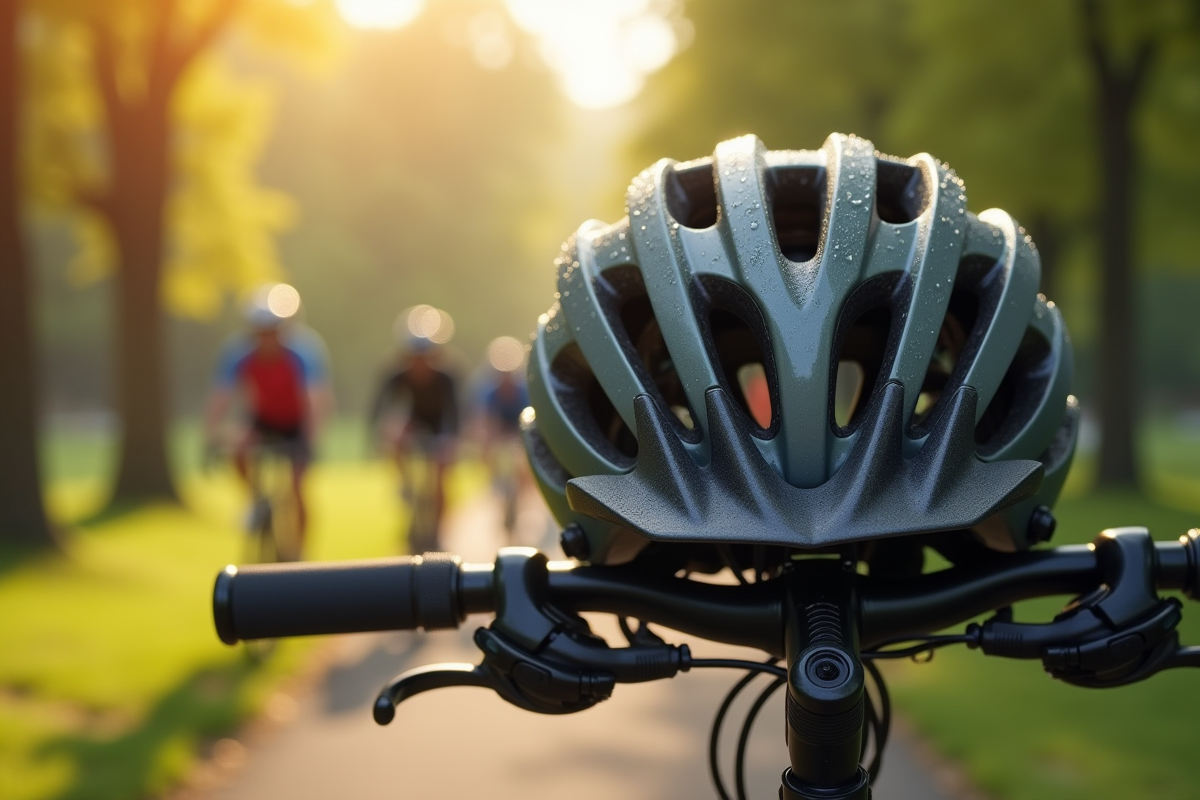 Gros plan d un casque de velo connecte sur un guidon dans un parc au matin