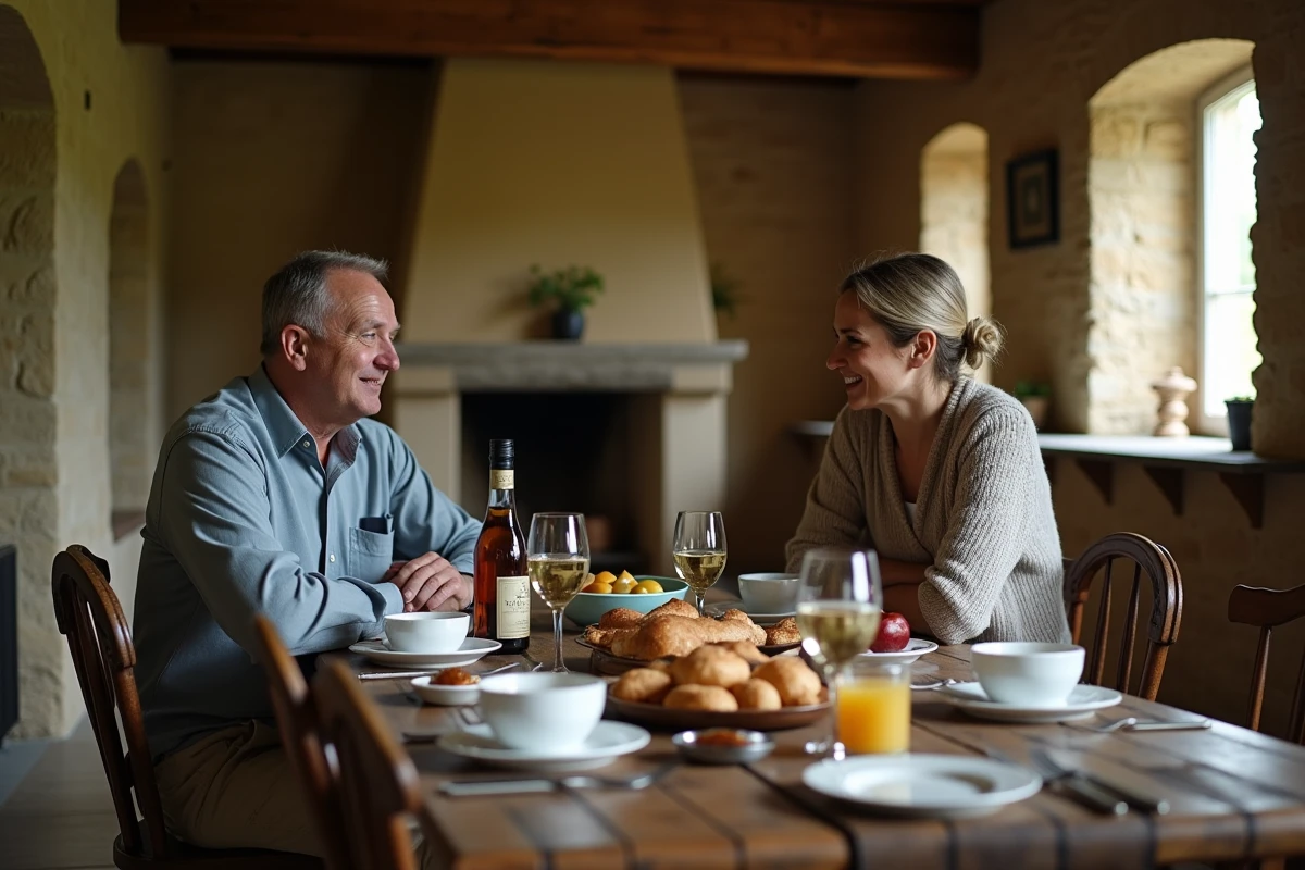 Table de petit-déjeuner dans une chambre d'hôtes gascon avec spécialités locales et bouteille d'Armagnac
