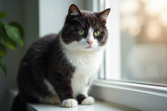 Chat noir et blanc sur une fenêtre en lumière douce