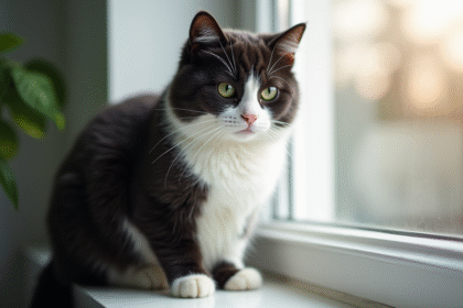 Chat noir et blanc sur une fenêtre en lumière douce