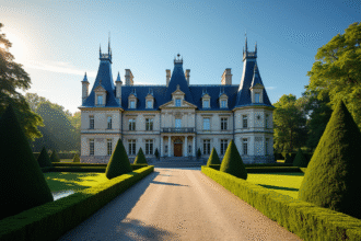 Chateau français élégant avec jardins soignes sous un ciel bleu