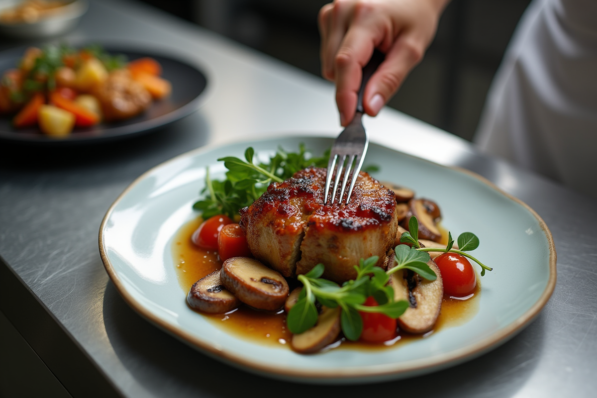 Chef dressant un confit de canard avec légumes colorés en cuisine