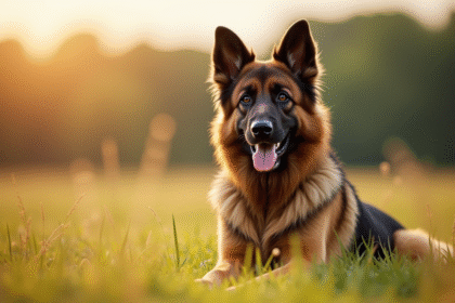 Chien berger allemand et Newfoundland en plein air ensoleille
