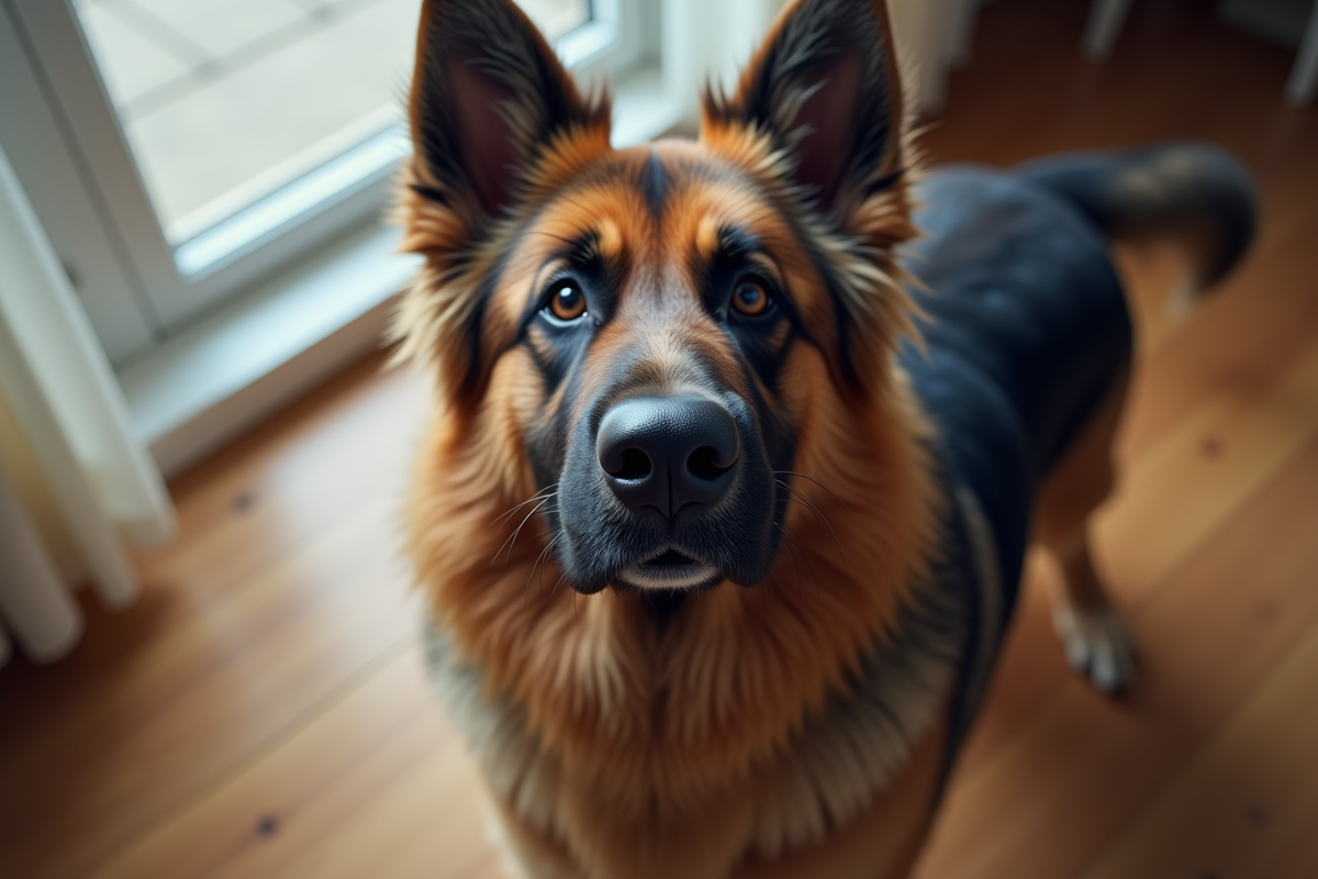 Chien hybride berger allemand et Newfoundland regardant en interieur