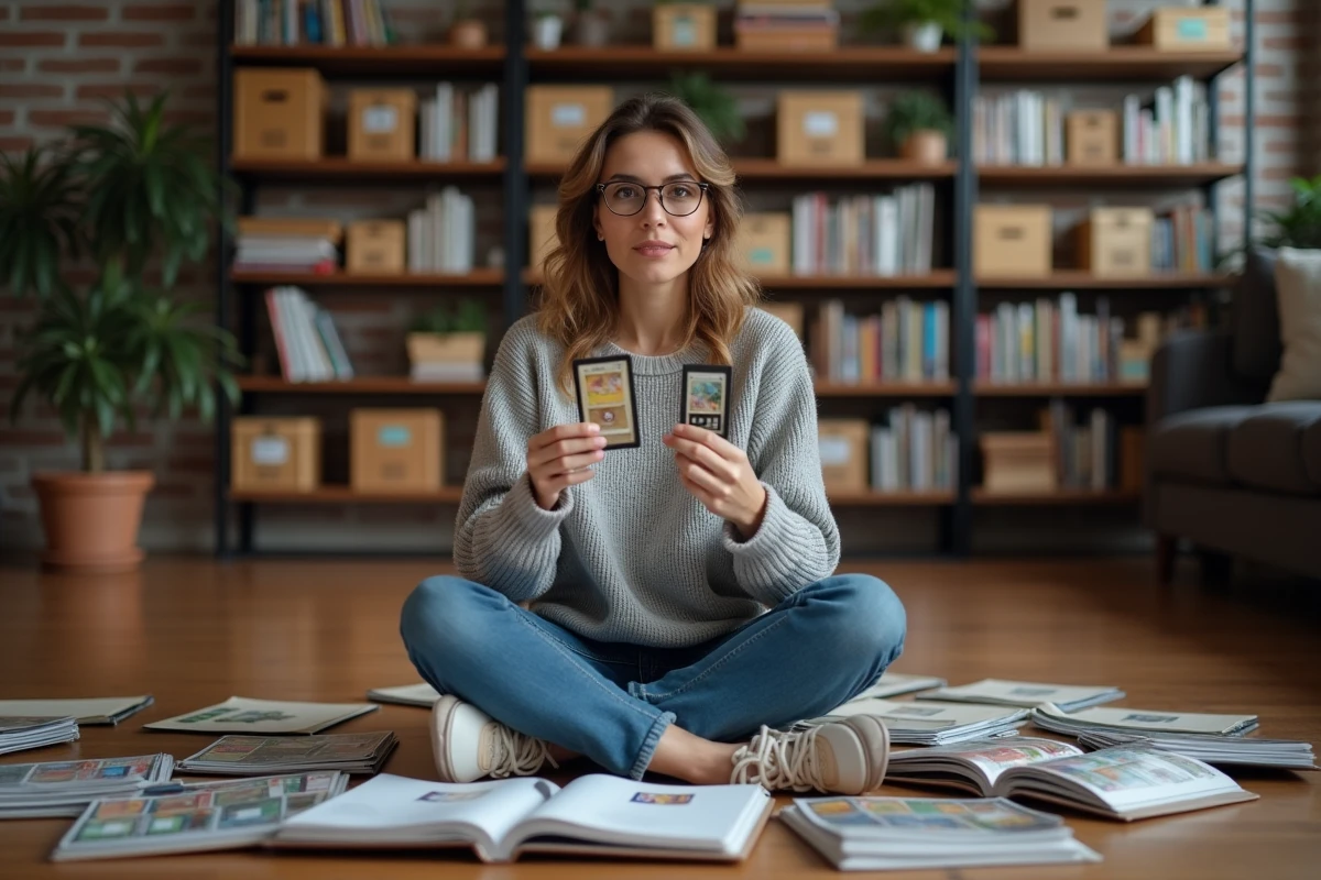Collectionneuse comparant des séries de cartes anciennes et nouvelles assise entourée de classeurs