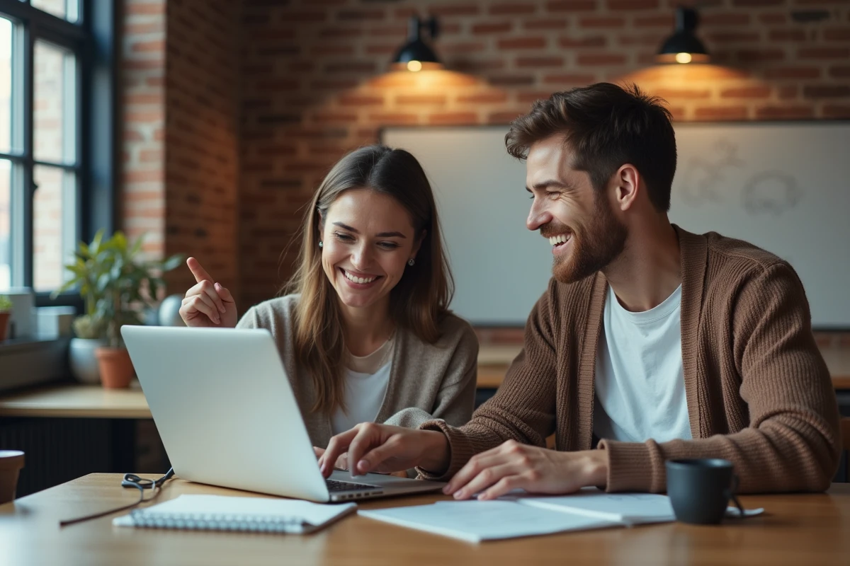 Deux collègues de bureau souriant ensemble devant un écran montrant un échange de messages de remerciement professionnels avec émojis
