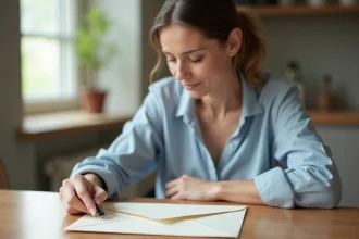 Femme collant un timbre dans le coin supérieur droit d'une enveloppe sur une table en bois, geste précis et attentif