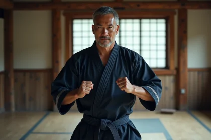 Combattant d'arts martiaux en gi sombre en position de combat dans un dojo japonais traditionnel