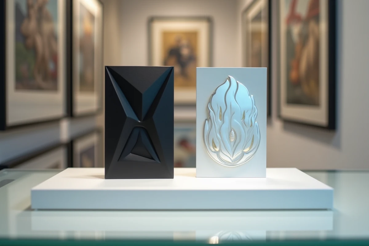 Comparaison de cartes Foudre Noire et Flamme Blanche exposées dans une vitrine de collectionneur