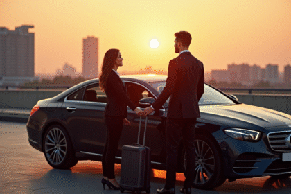Conducteur élégant ouvrant la porte d'une voiture VTC noire au lever du soleil