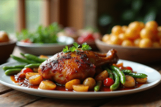 Confit de canard sur une table en bois rustique avec accompagnements