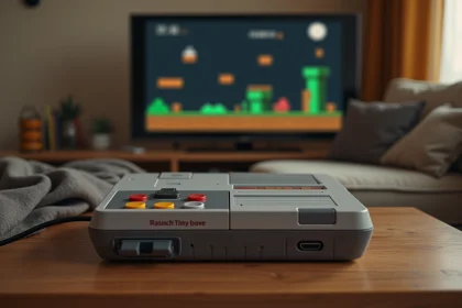 Console de jeux rétro compacte connectée à une télévision moderne via câble HDMI dans un salon cosy avec jeu vidéo 8-bit affiché à l'écran
