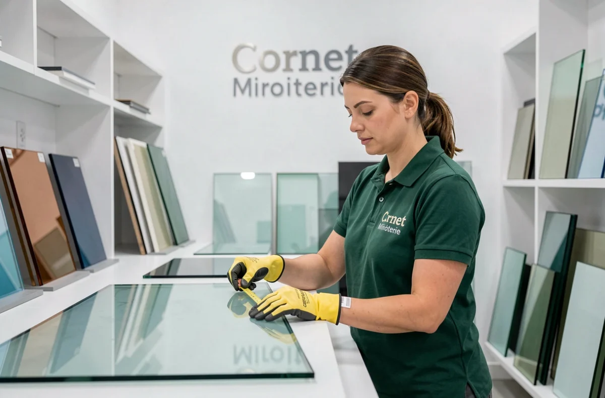 Technicienne de la Cornet Miroiterie mesurant une vitre dans un magasin de verre moderne et professionnel à Marseille