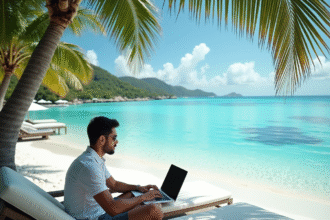 Côte tropicale avec villas modernes et personne travaillant au soleil